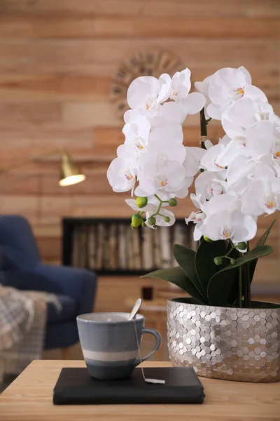 Krásné Bílé Orchideje Šálek Čaje Dřevěném Stole Obývacím Pokoji Návrh — Stock fotografie