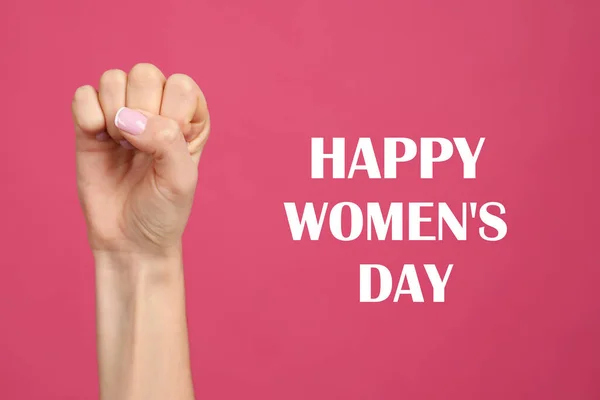 Woman Showing Fist Girl Power Symbol Pink Background Closeup Happy — Stock Photo, Image