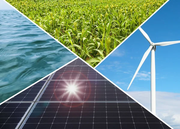 Collage Photos Water Field Solar Panels Wind Turbine Alternative Energy — Stock Photo, Image