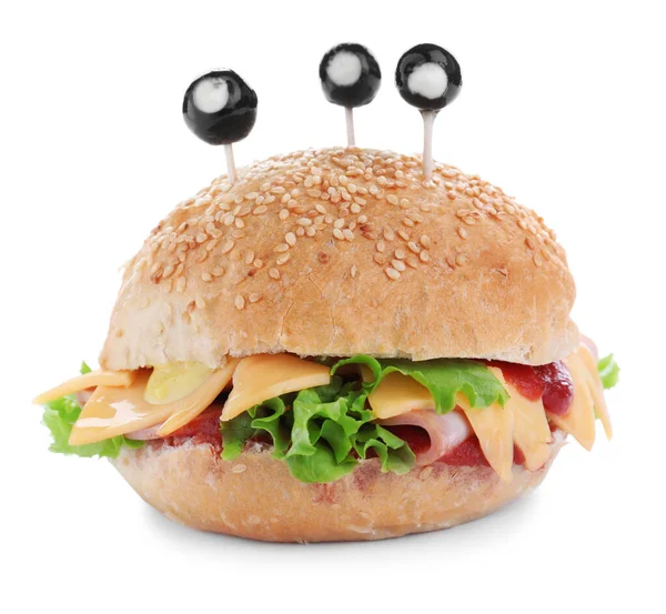 Roztomilý Monster Burger Bílém Pozadí Halloween Party Food — Stock fotografie
