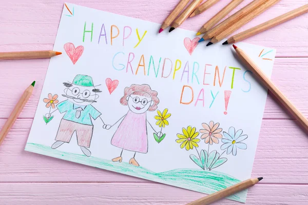 Vacker Teckning Med Fras Lyckliga Morföräldrar Dag Rosa Träbord Platt — Stockfoto