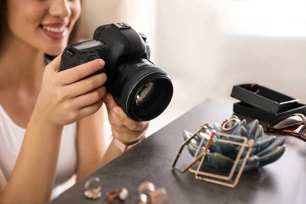 Young Photographer Taking Picture Jewelry Indoors Closeup — Stock Photo, Image