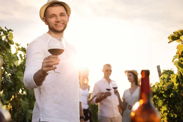 Bonito Homem Com Copo Vinho Seus Amigos Vinha — Fotografia de Stock