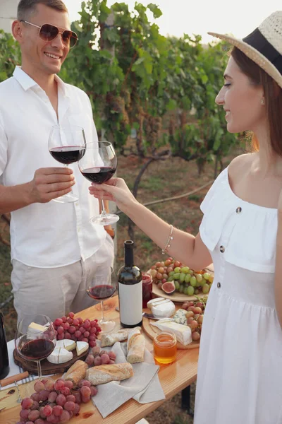 Couple Avec Verres Vin Dans Vignoble Par Une Journée Ensoleillée — Photo