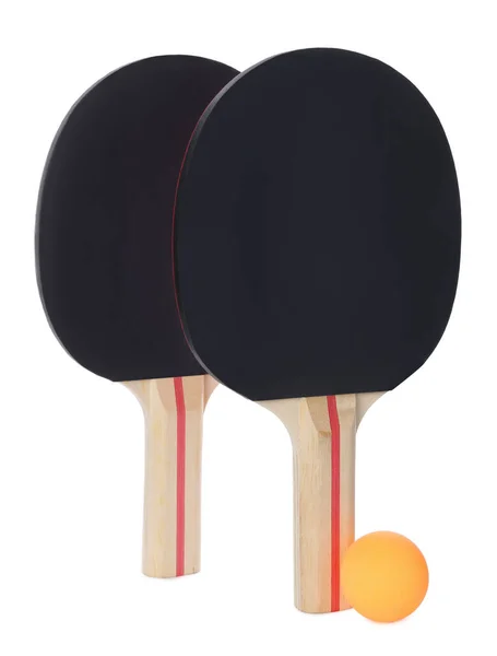 Orange Plast Boll Och Racketar För Bordtennis Vit Bakgrund — Stockfoto