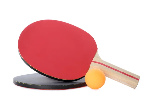 Orange Plastic Ball Rackets Table Tennis White Background — Stock Photo, Image