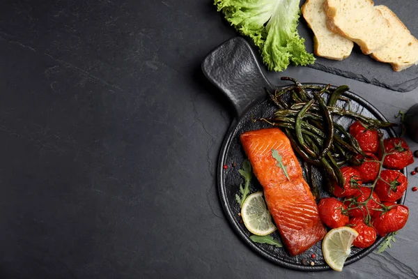 Delicious Cooked Salmon Vegetables Served Black Table Flat Lay Space — Stock Photo, Image