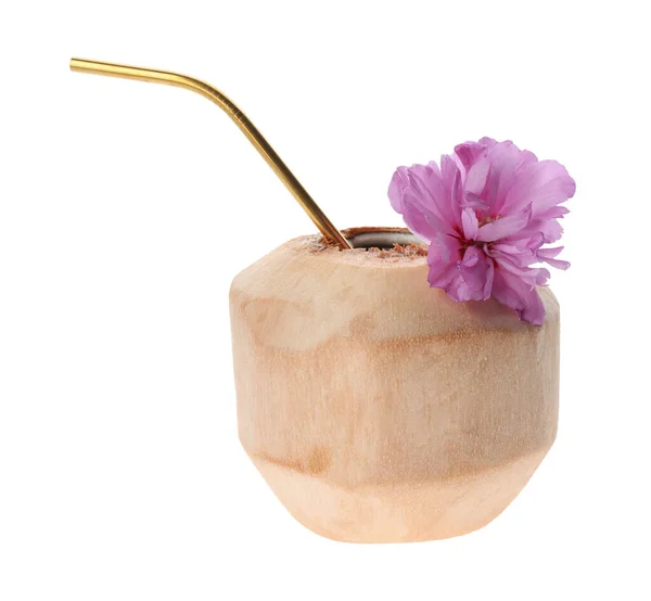 Junge Geschälte Kokosnuss Mit Stroh Und Schöner Blume Isoliert Auf — Stockfoto