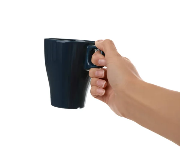 Mujer Sosteniendo Elegante Taza Azul Oscuro Sobre Fondo Blanco Primer — Foto de Stock