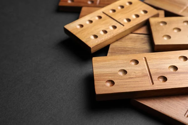 Wooden Domino Tiles Black Background Closeup Space Text — Stock Photo, Image