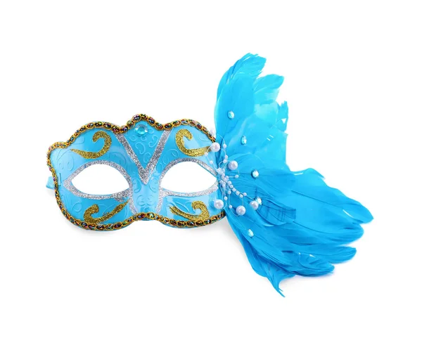 Schöne Hellblaue Karnevalsmaske Mit Federn Auf Weißem Grund — Stockfoto