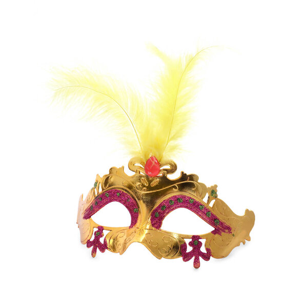 Beautiful golden carnival mask with feathers isolated on white