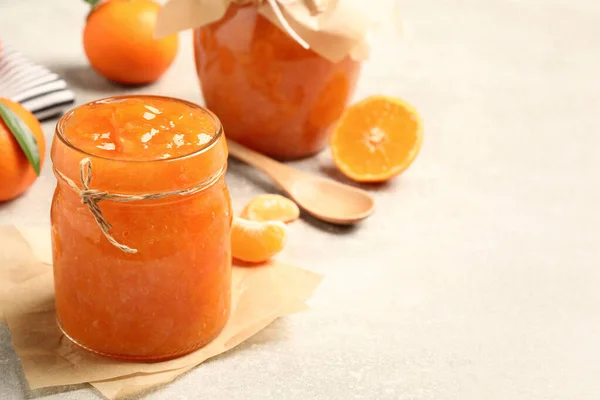 Delicious Tangerine Jam Light Grey Table Space Text — Stock Photo, Image