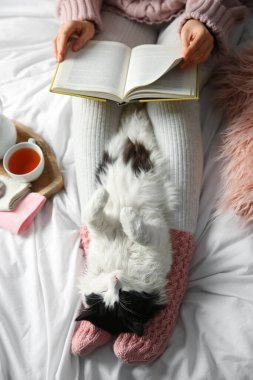 Yatakta kitap okuyan, yukarıdan bakan, sevimli kedisi olan kadın.