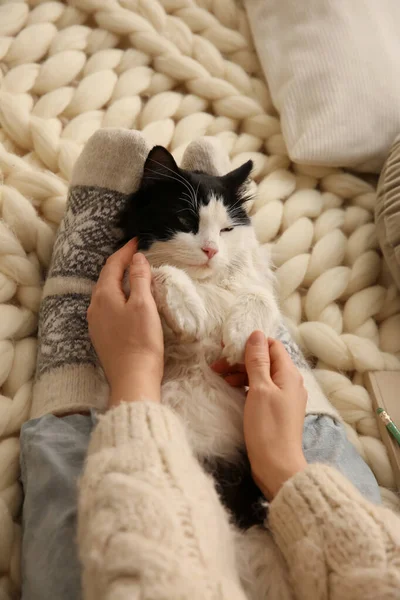 Woman Stroking Adorable Cat Knitted Blanket Closeup — Stock Photo, Image