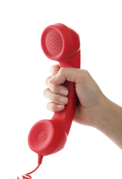 Mulher Segurando Telefone Vermelho Com Fio Fundo Branco Close Conceito — Fotografia de Stock