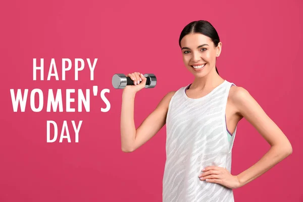 Woman Dumbbell Symbol Girl Power Pink Background Happy Women Day — Stock Photo, Image