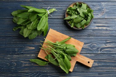 Taze yeşil kuş yaprakları mavi ahşap masada, düz yatıyordu.