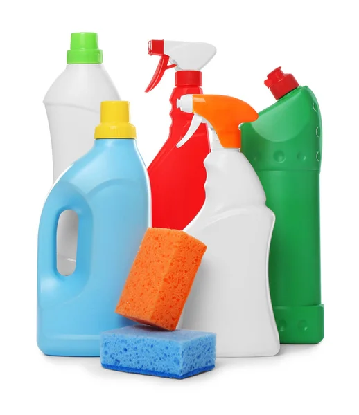 Different Cleaning Products Sponges White Background — Stock Photo, Image