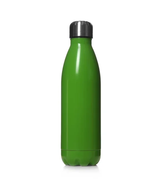 Moderne Gesloten Groene Thermo Fles Geïsoleerd Wit — Stockfoto
