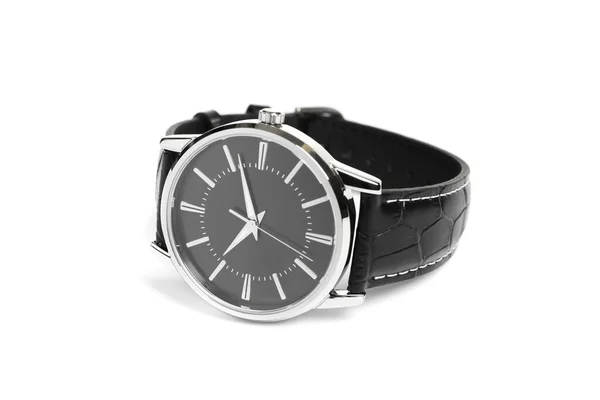 Relógio Luxo Preto Com Banda Couro Isolado Branco — Fotografia de Stock
