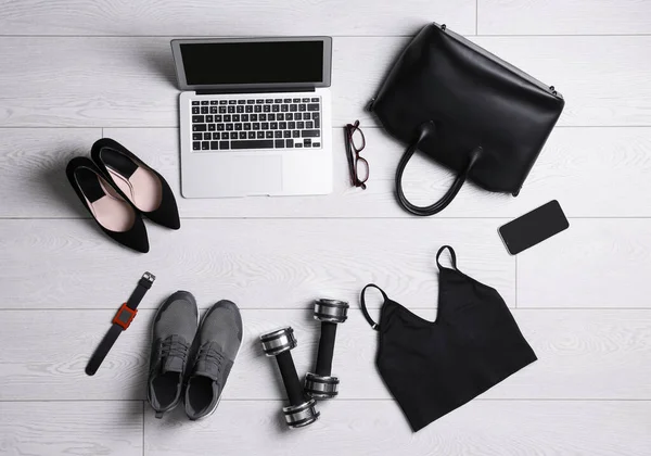 Flat Lay Composition Business Supplies Sport Equipment White Wooden Floor — Stock Photo, Image