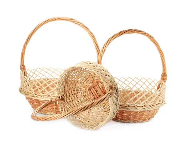 Three Decorative Wicker Baskets White Background — Stock Photo, Image