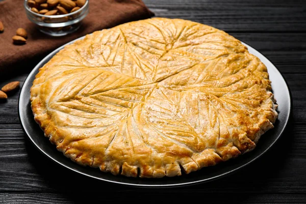 Traditional Galette Des Rois Black Wooden Table Closeup — Stock Photo, Image