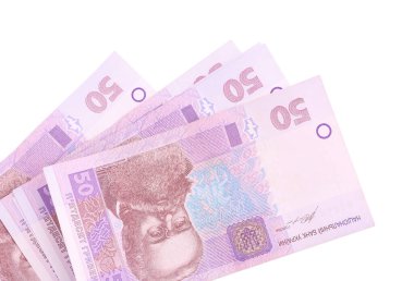 Beyaz arka planda 50 Ukrayna Hryvnia banknotu, üst görünüm