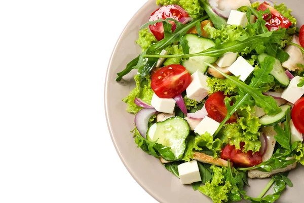 Läcker Sallad Med Kött Ruccola Och Grönsaker Isolerade Vitt Ovanifrån — Stockfoto