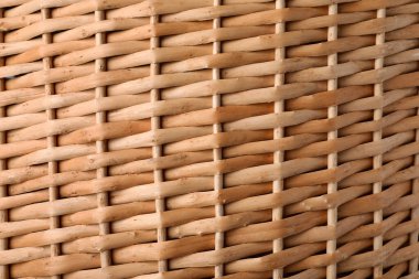 Arka plan olarak doğal malzemeden yapılmış el yapımı hasır sepet, yakın görünüm