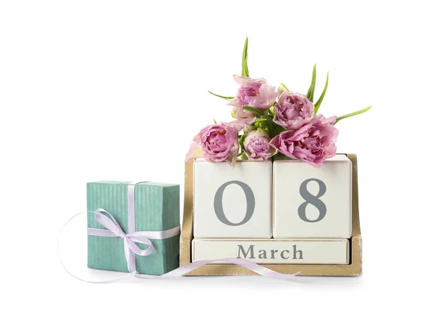 Wooden Block Calendar Date 8Th March Gift Tulips White Background — Stock Photo, Image