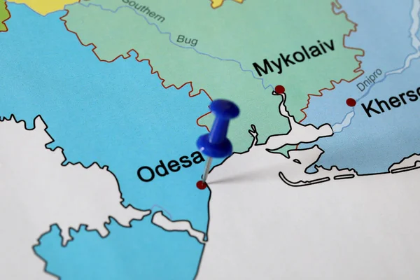 Térkép Ukrajna Kék Push Pin Elhelyezett Odesa Közelkép — Stock Fotó