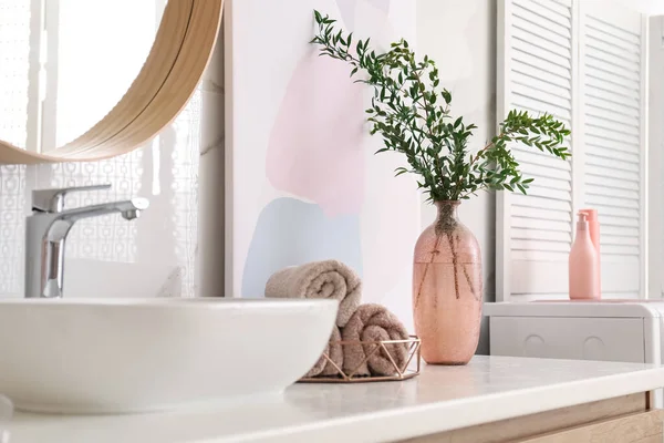 Vase Beautiful Branches Fresh Towels Vessel Sink Bathroom Interior Design — Stock Photo, Image