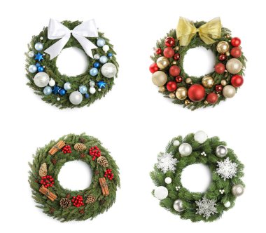 Set with beautiful Christmas wreaths on white background  clipart