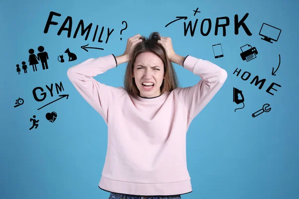 Stressed Young Woman Text Drawings Blue Background — Stock Photo, Image