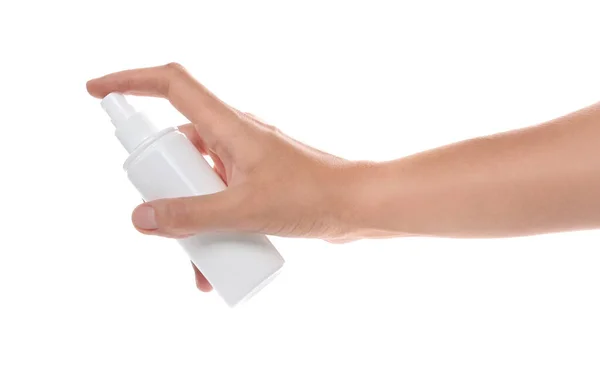 Kobieta Butelką Środka Owadobójczego Spray Białym Tle Zbliżenie — Zdjęcie stockowe