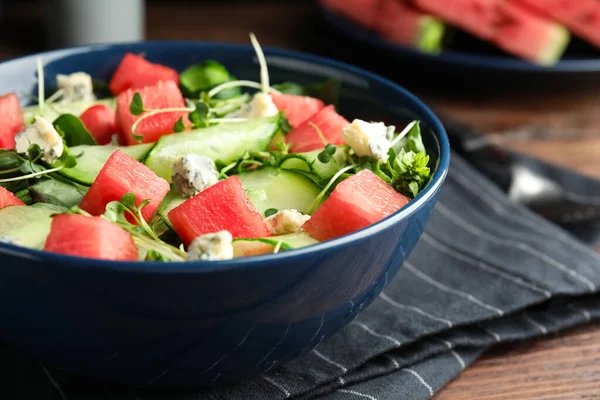 Köstlicher Salat Mit Wassermelone Schüssel Nahaufnahme — Stockfoto