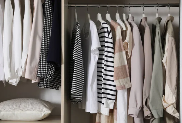 Wardrobe Different Stylish Clothes Indoors Closeup — Stock Photo, Image