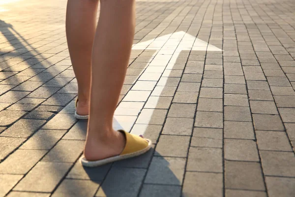 Woman Going Road Arrow Marking Closeup — Stock Photo, Image