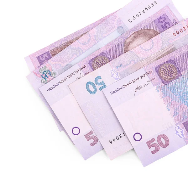 Ukraińskich Banknotów Hrywien Białym Tle Widok Góry — Zdjęcie stockowe