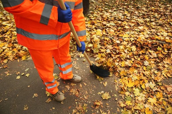 Straßenreiniger Fegt Herbsttag Umgefallenes Laub Ins Freie — Stockfoto