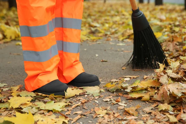 Straßenreiniger Fegt Herbsttag Umgefallenes Laub Ins Freie — Stockfoto