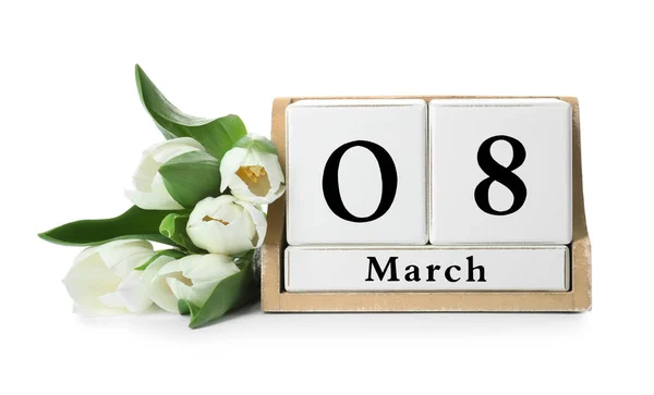 Houten Blokkenkalender Met Datum Maart Tulpen Witte Achtergrond Internationale Vrouwendag — Stockfoto