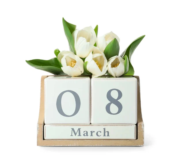 Calendrier Bois Avec Date Mars Tulipes Sur Fond Blanc Journée — Photo