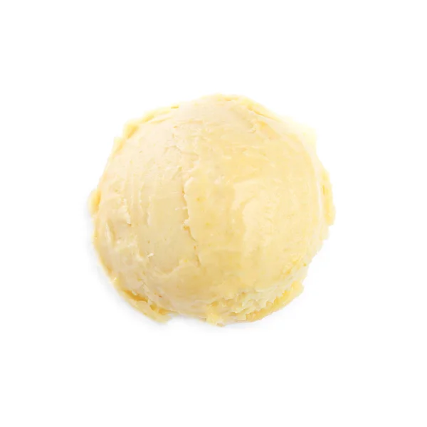 Colher Delicioso Sorvete Amarelo Isolado Branco Vista Superior — Fotografia de Stock