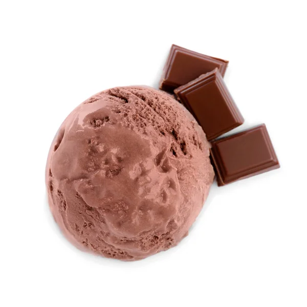 Colher Delicioso Sorvete Chocolate Fundo Branco Vista Superior — Fotografia de Stock