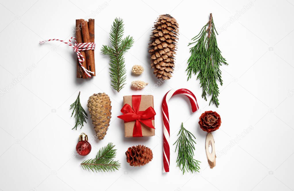 Flat lay composition with pinecones on white background