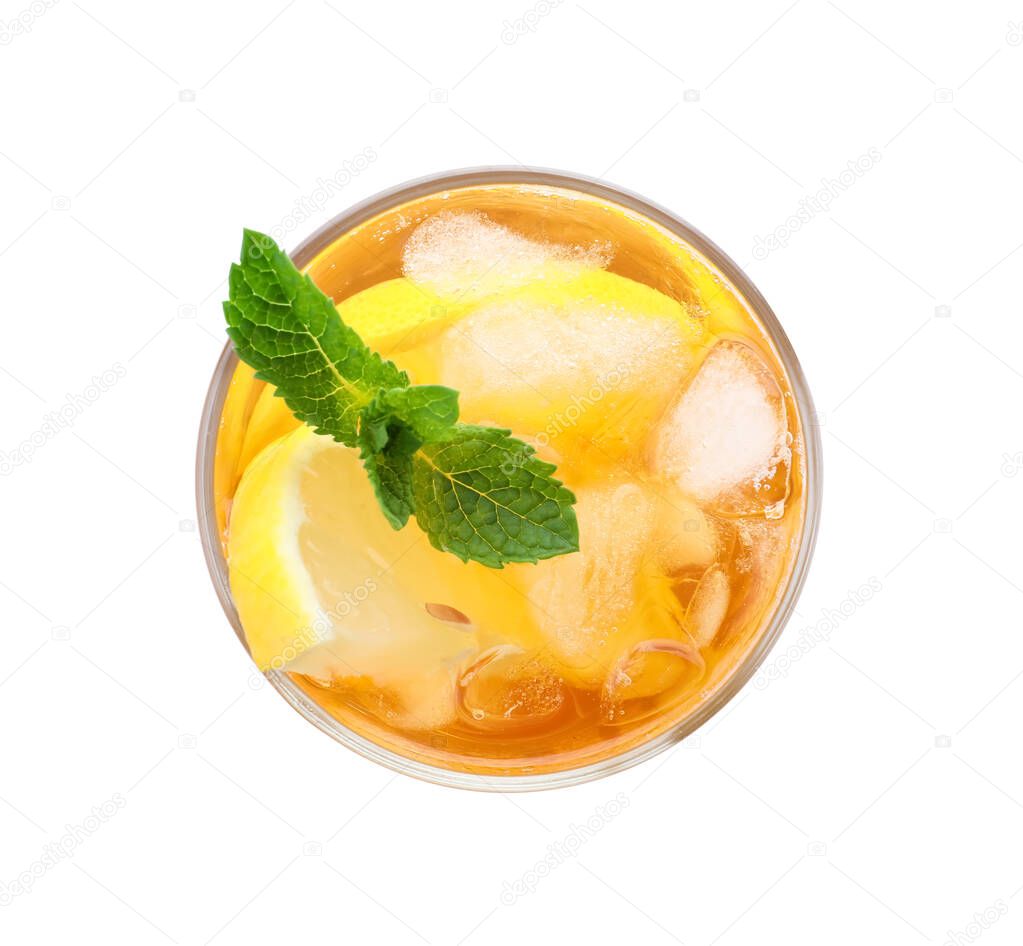 Delicious iced tea in glass on white background, top view