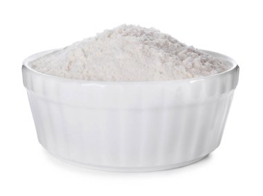 Beyaz kasede izole edilmiş organik un.